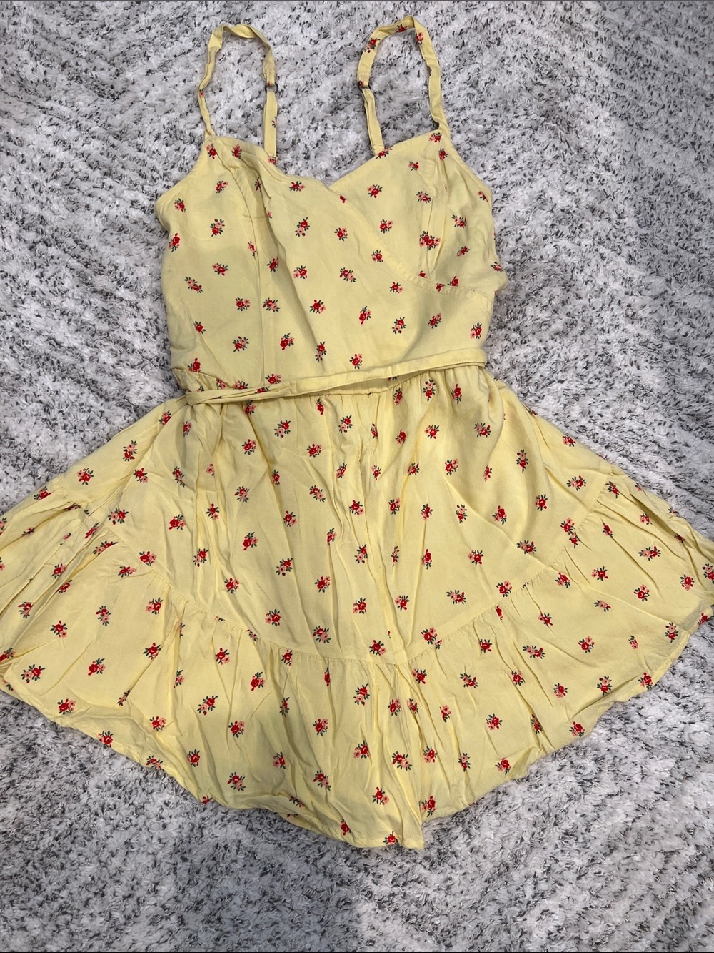 Hollister Yellow Floral Flowy Romper with Red/Pink Floral Accent Print